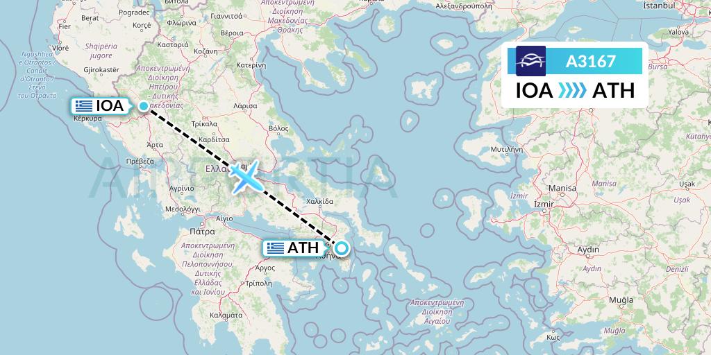 A3167 Aegean Airlines Flight Map: Ioannina to Athens