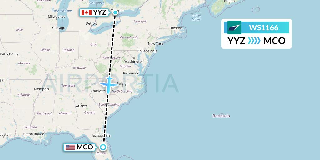 WS1166 WestJet Flight Map: Toronto to Orlando