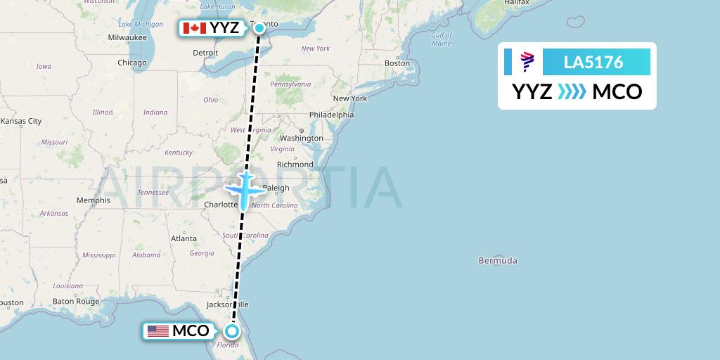 LA5176 LAN Airlines Flight Map: Toronto to Orlando