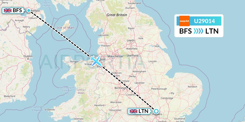 U29014 EasyJet Flight Map: Belfast to London