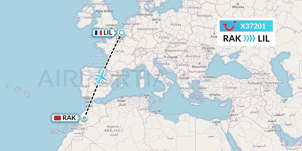 X37201 TUI fly Germany Flight Map: Marrakesh to Lille