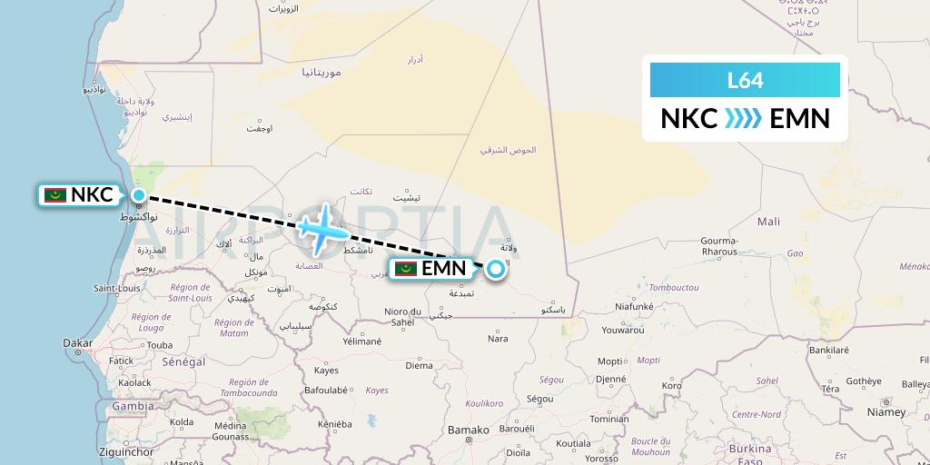 L64 Mauritania Airlines International Flight Map: Nouakchott to Nema