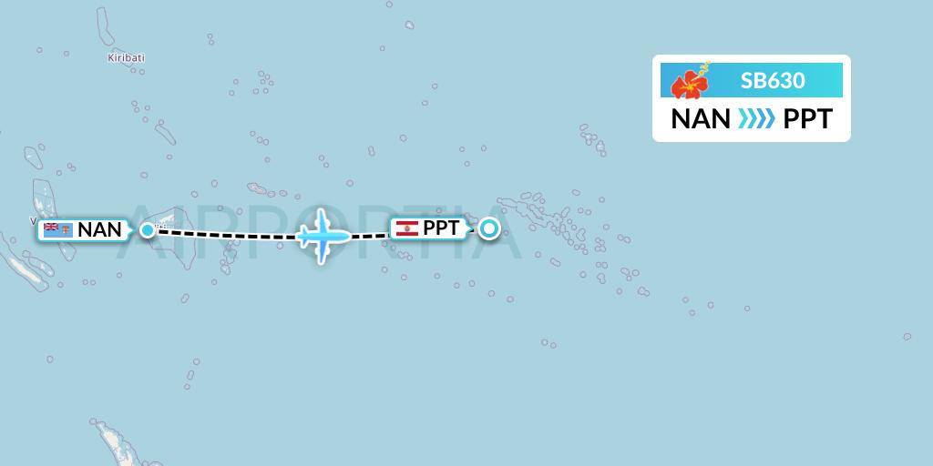 SB630 Aircalin Flight Map: Nadi to Papeete