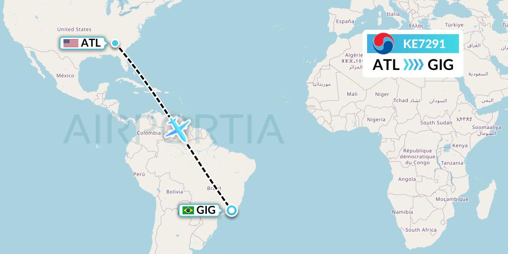KE7291 Korean Air Flight Map: Atlanta to Rio de Janeiro