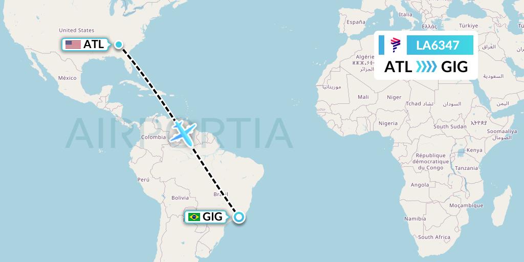 LA6347 LAN Airlines Flight Map: Atlanta to Rio de Janeiro