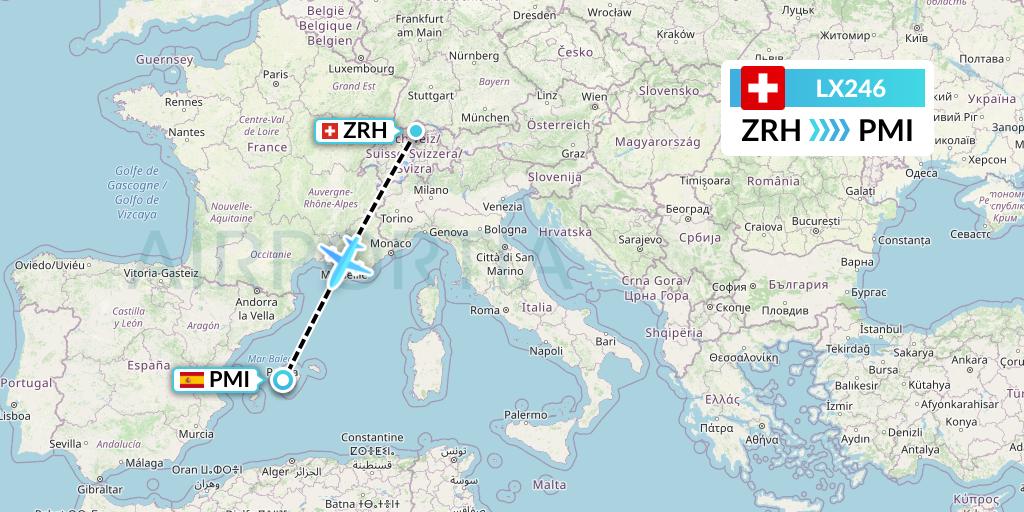LX246 Swiss Flight Map: Zurich to Palma de Mallorca