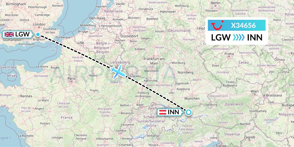 X34656 TUI fly Germany Flight Map: London to Innsbruck