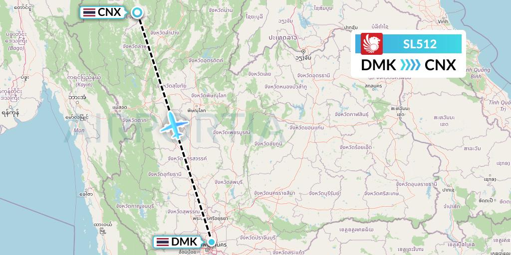 SL512 Thai Lion Air Flight Map: Bangkok to Chiang Mai