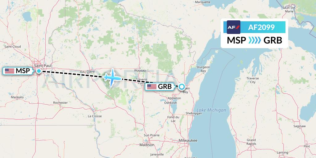 AF2099 Air France Flight Map: Minneapolis to Green Bay