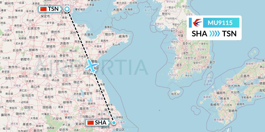 MU9115 China Eastern Airlines Flight Map: Shanghai to Tianjin