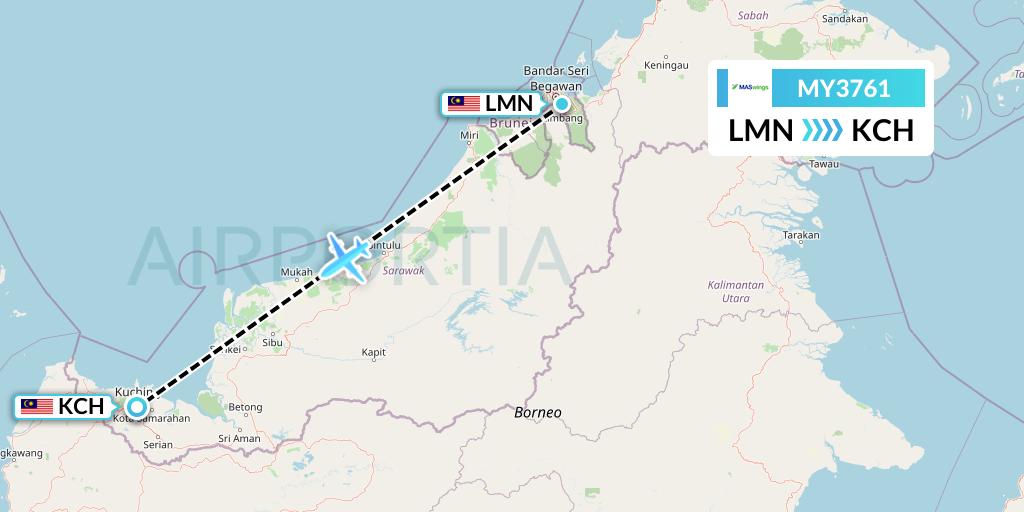 MY3761 MASwings Flight Map: Limbang to Kuching