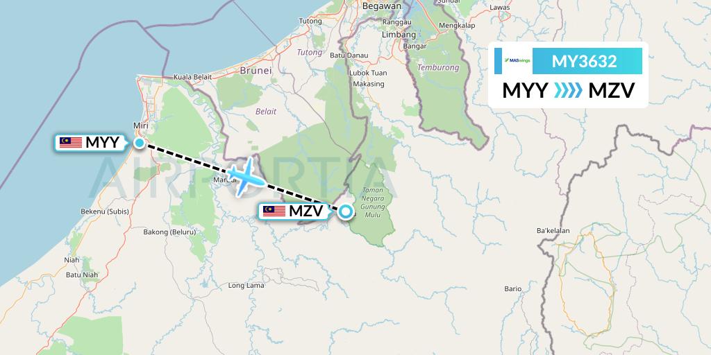 MY3632 MASwings Flight Map: Miri to Mulu