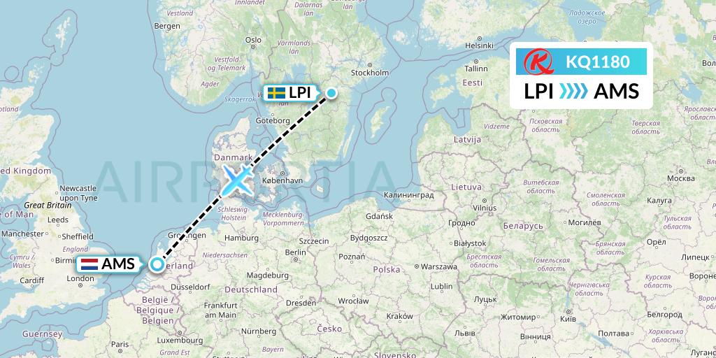 KQ1180 Kenya Airways Flight Map: Linkoping to Amsterdam