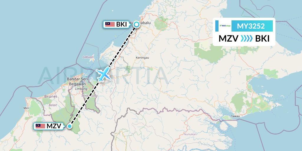 MY3252 MASwings Flight Map: Mulu to Kota Kinabalu