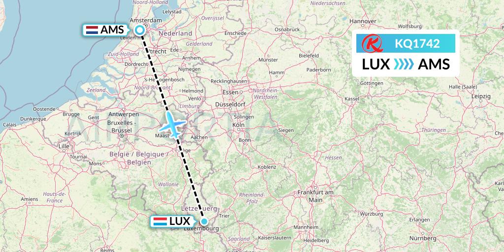 KQ1742 Kenya Airways Flight Map: Luxembourg to Amsterdam
