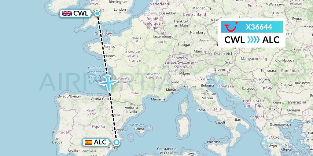 X36644 TUI fly Germany Flight Map: Cardiff to Alicante