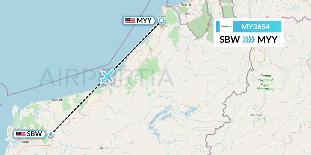 MY3654 MASwings Flight Map: Sibu to Miri