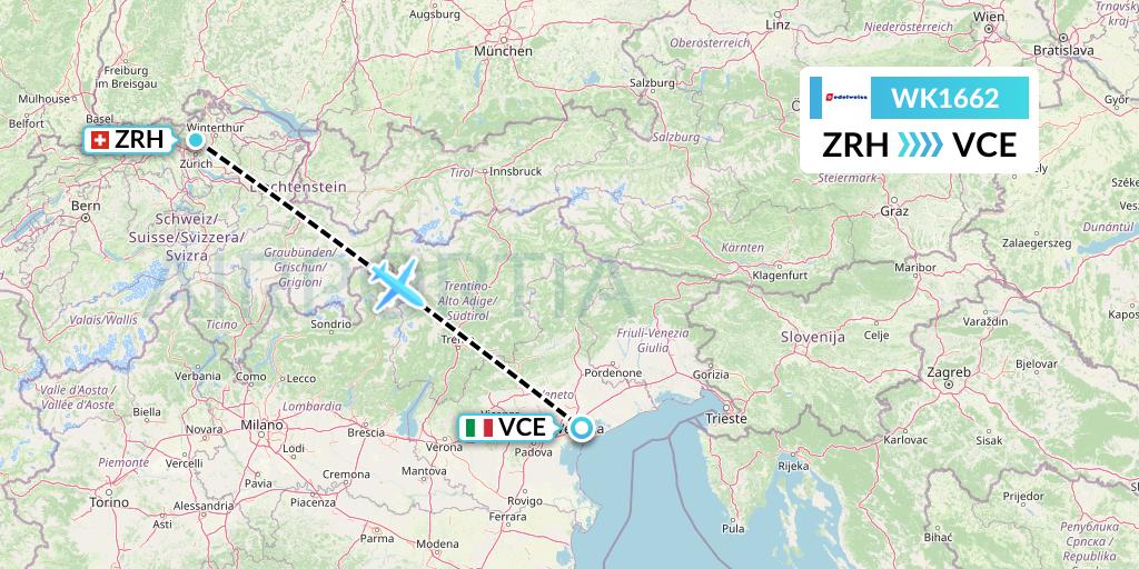 WK1662 Edelweiss Air Flight Map: Zurich to Venice