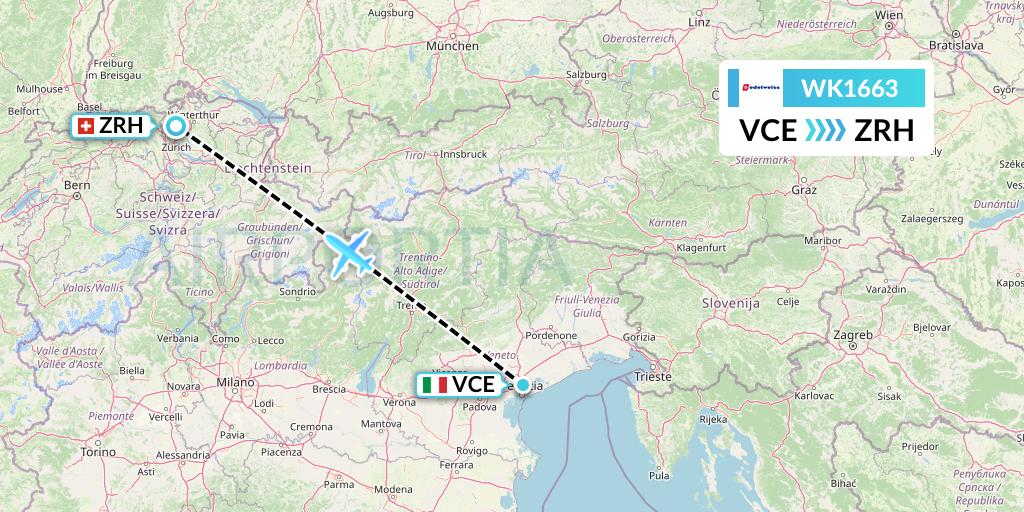 WK1663 Edelweiss Air Flight Map: Venice to Zurich