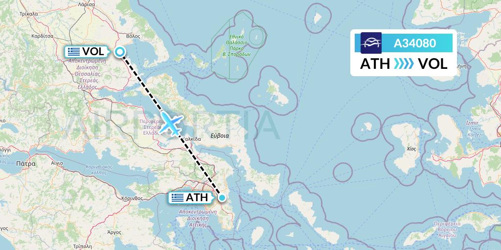 A34080 Aegean Airlines Flight Map: Athens to Volos