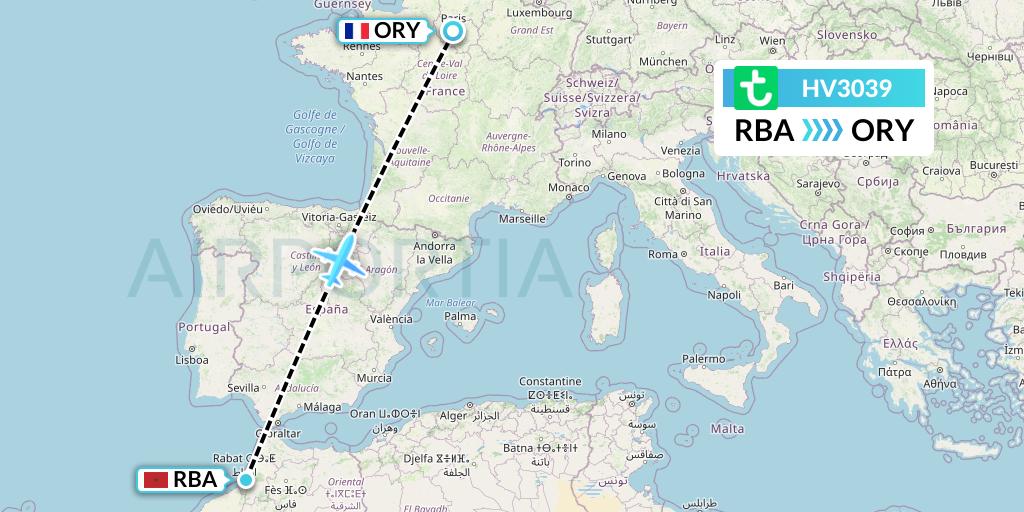 HV3039 Transavia Flight Map: Rabat to Paris