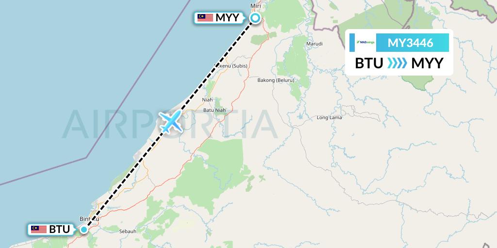 MY3446 MASwings Flight Map: Bintulu to Miri