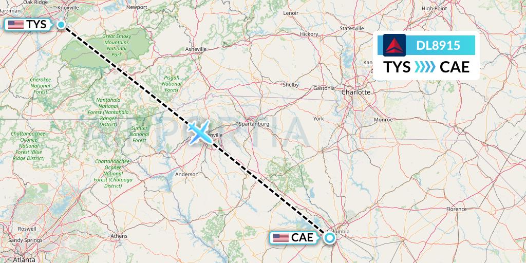 DL8915 Delta Air Lines Flight Map: Knoxville to Columbia