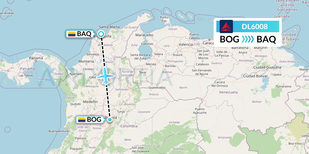 DL6008 Delta Air Lines Flight Map: Bogota to Barranquilla