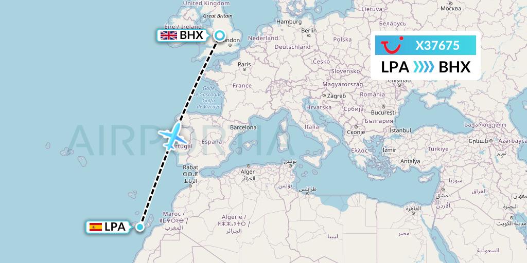 X37675 TUI fly Germany Flight Map: Las Palmas to Birmingham