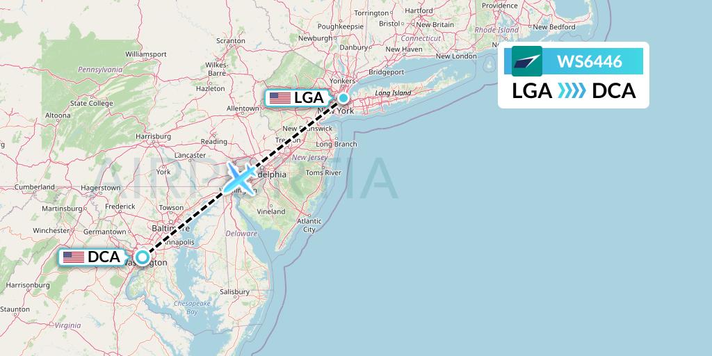 WS6446 WestJet Flight Map: New York to Washington