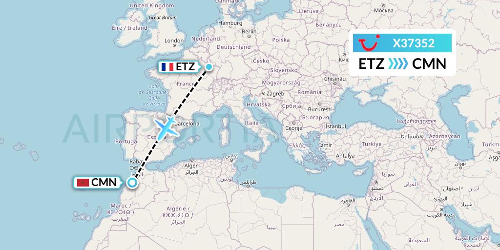 X37352 TUI fly Germany Flight Map: Metz-Nancy to Casablanca