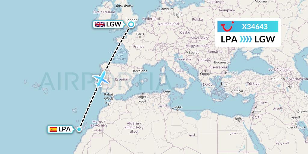 X34643 TUI fly Germany Flight Map: Las Palmas to London