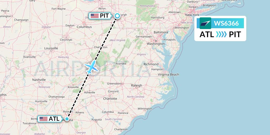 WS6366 WestJet Flight Map: Atlanta to Pittsburgh