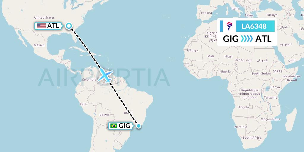 LA6348 LAN Airlines Flight Map: Rio de Janeiro to Atlanta