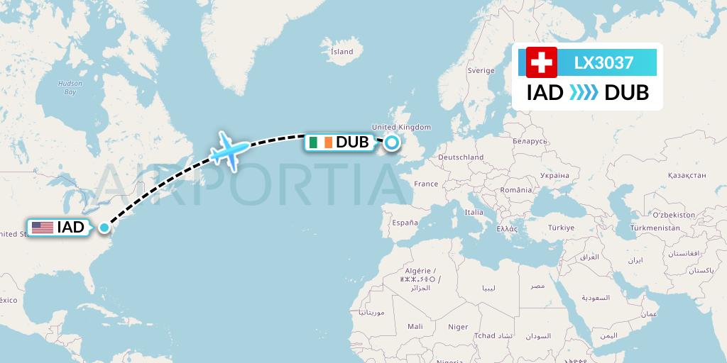 LX3037 Swiss Flight Map: Washington to Dublin