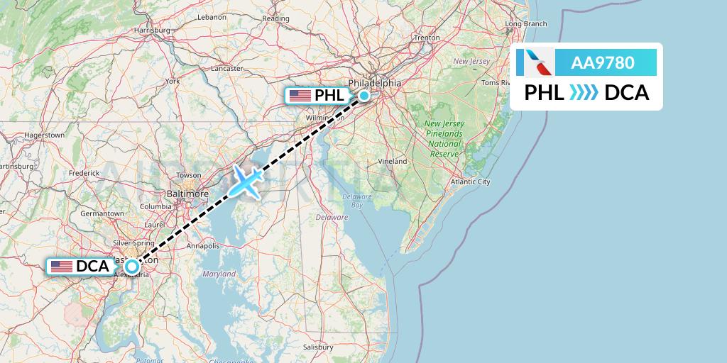 AA9780 American Airlines Flight Map: Philadelphia to Washington