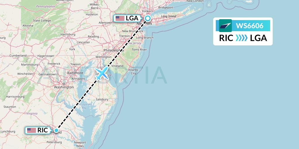 WS6606 WestJet Flight Map: Richmond to New York