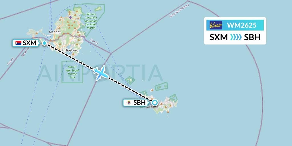 WM2625 Winair Flight Map: Sint Maarten to St. Jean