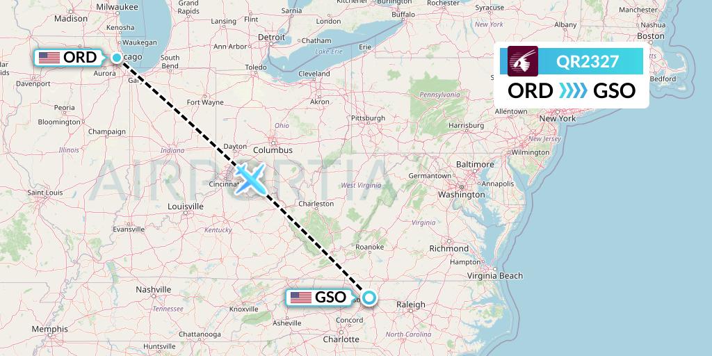 QR2327 Qatar Airways Flight Map: Chicago to Greensboro