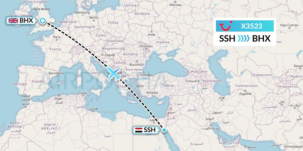 X3523 TUI fly Germany Flight Map: Sharm el-Sheikh to Birmingham
