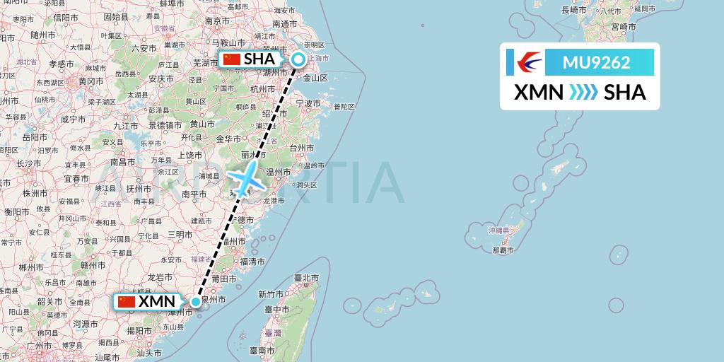 MU9262 China Eastern Airlines Flight Map: Xiamen to Shanghai