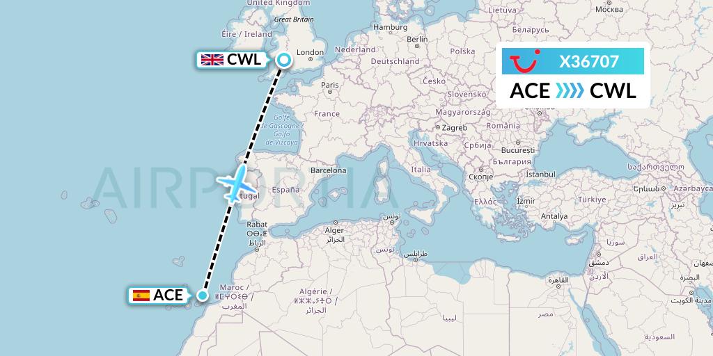 X36707 TUI fly Germany Flight Map: Lanzarote to Cardiff