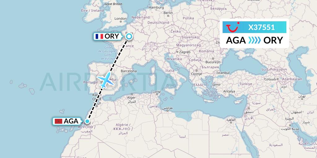 X37551 TUI fly Germany Flight Map: Agadir to Paris