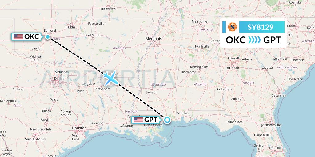 SY8129 Sun Country Airlines Flight Map: Oklahoma City to Gulfport