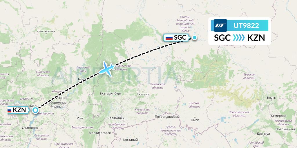 UT9822 UTair Flight Map: Surgut to Kazan