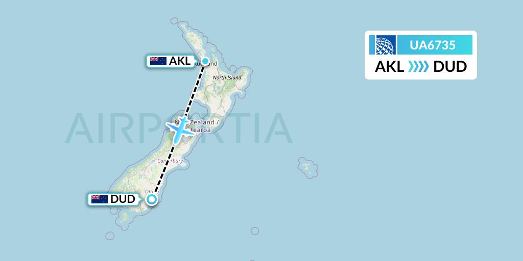 UA6735 United Airlines Flight Map: Auckland to Dunedin