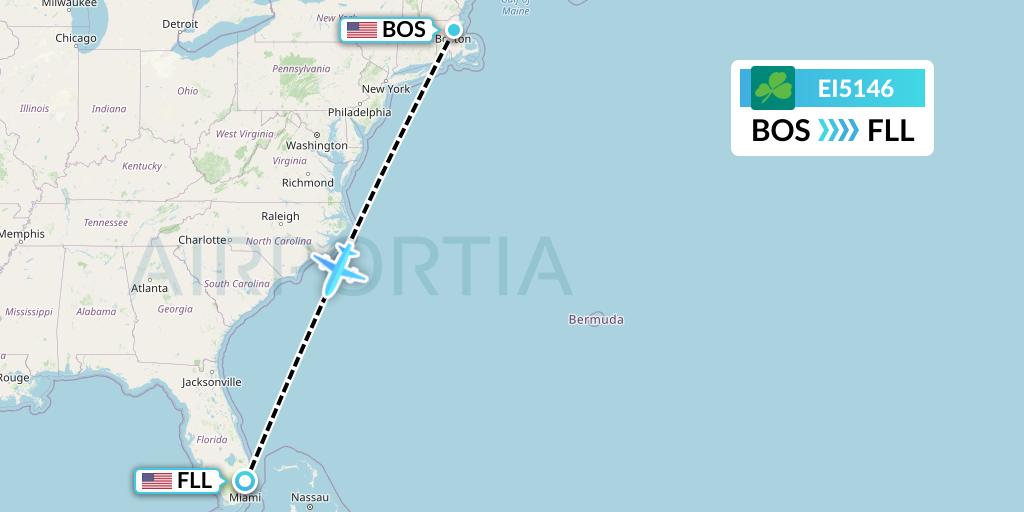 EI5146 Aer Lingus Flight Map: Boston to Fort Lauderdale