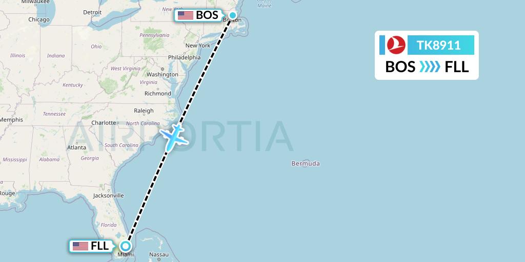TK8911 Turkish Airlines Flight Map: Boston to Fort Lauderdale