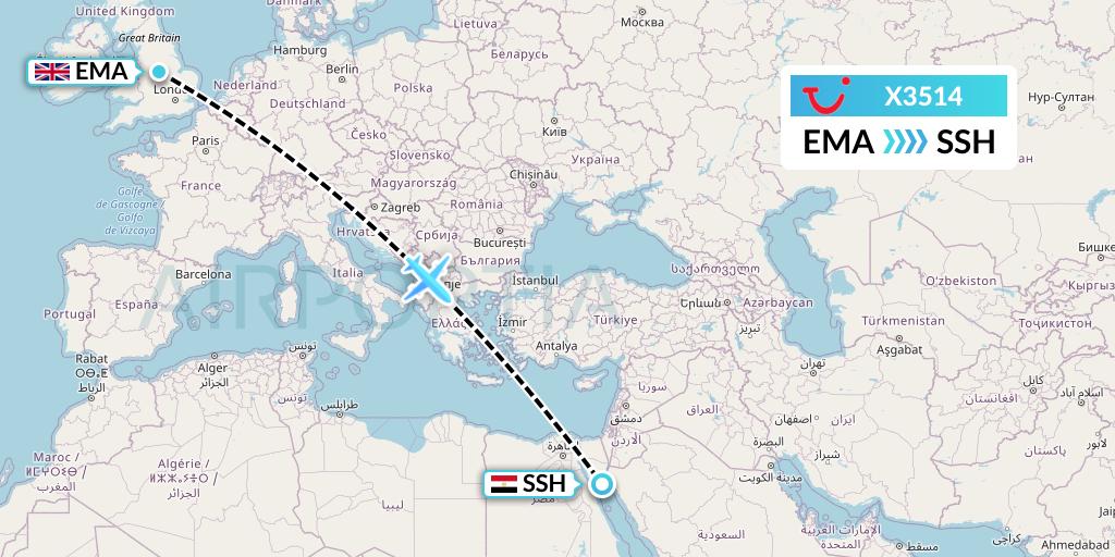 X3514 TUI fly Germany Flight Map: East Midlands to Sharm el-Sheikh