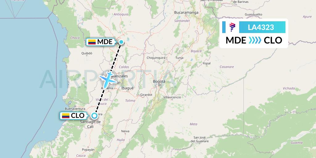 LA4323 LAN Airlines Flight Map: Medellin to Cali